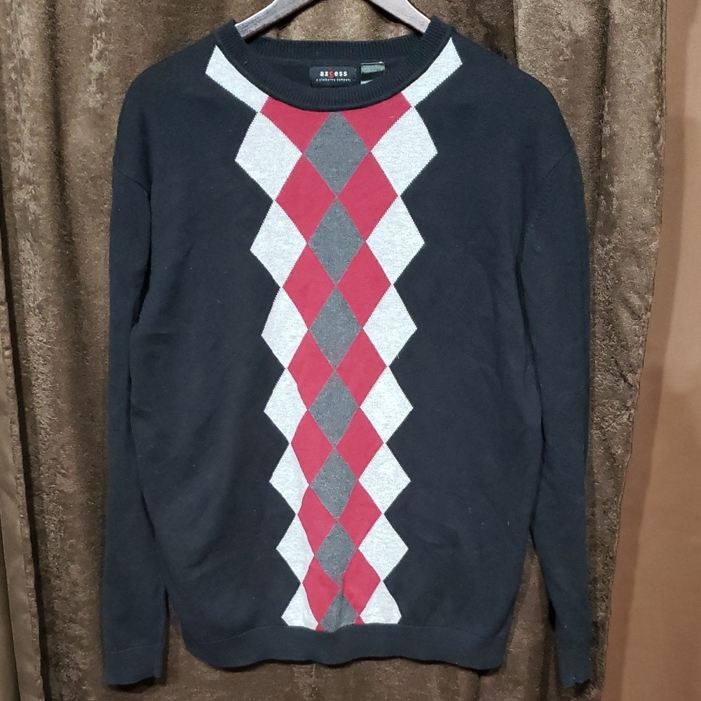 Axcess Clairborne Men's Crewneck Sweater with Red Gray Argyle Business Casual